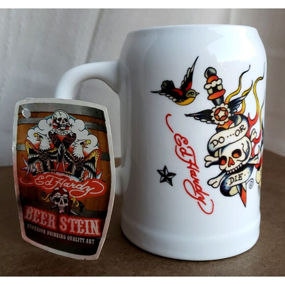 ED HARDY BEER STEIN Superior Drinking Quality Art SKULLS MUG White HOPS ETERNAL! - Picture 9 of 16